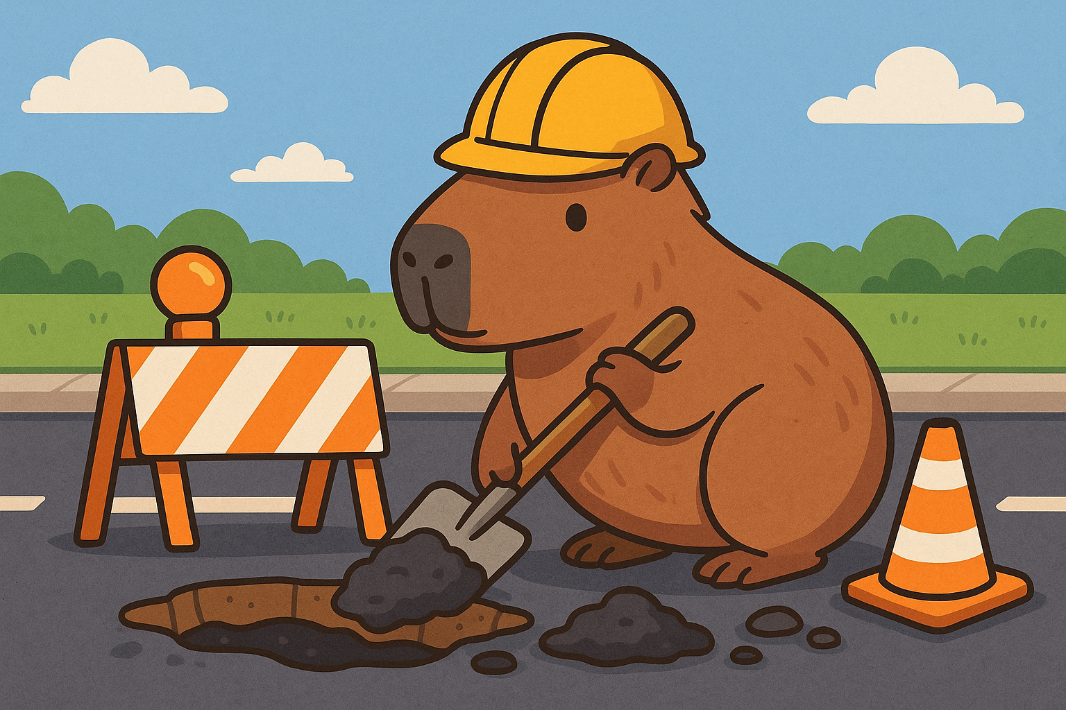 Капибара ремонтирует дорогу